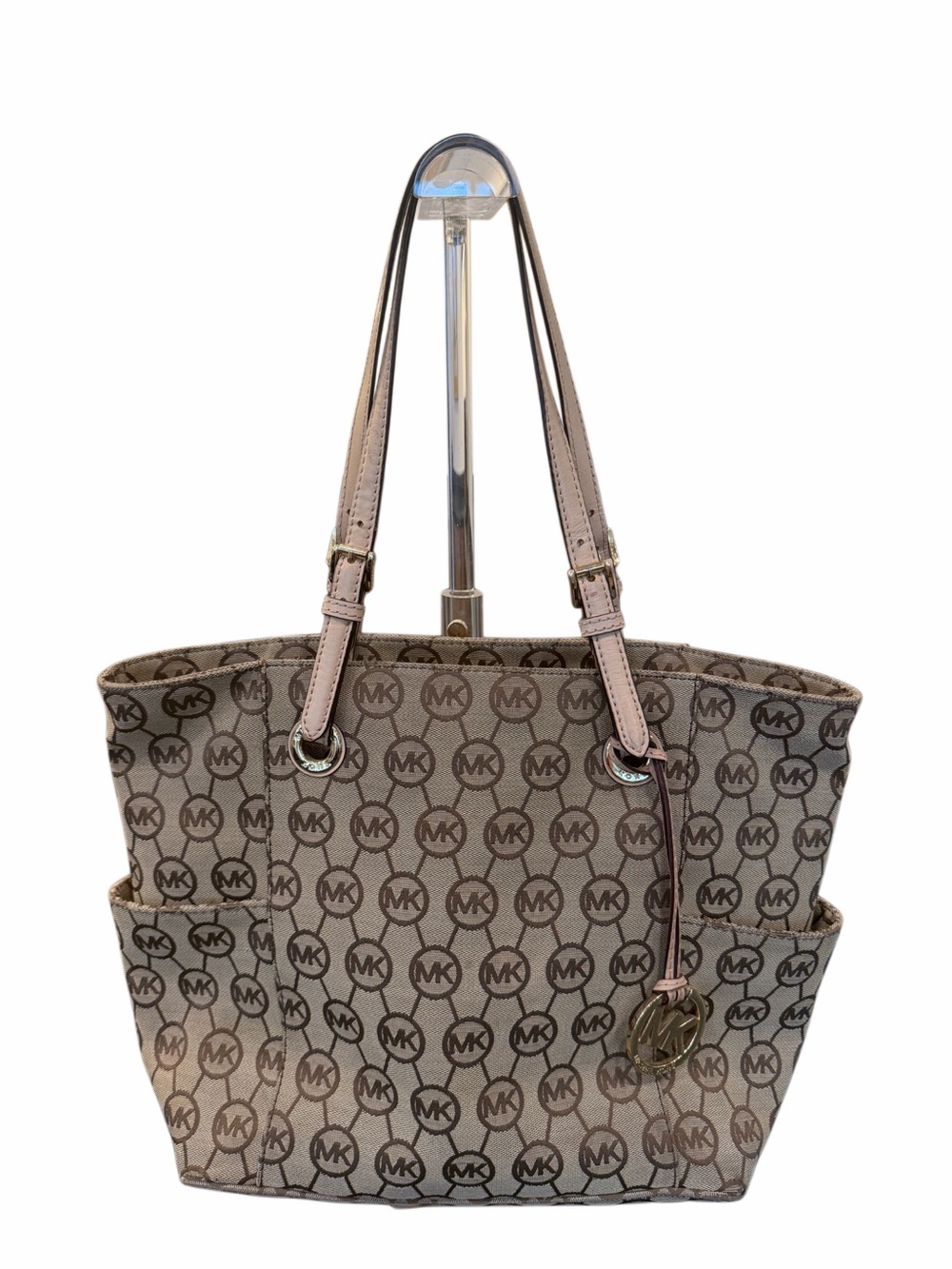 Michael Kors Jet Set Monogram Circle Logo Brown Beige MK Canvas Tote